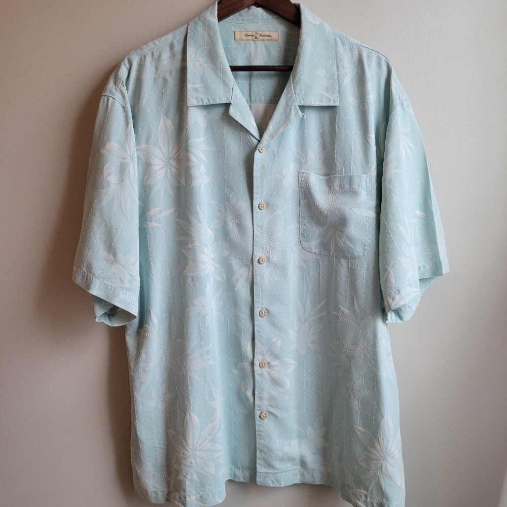 Tommy Bahama Beachwear Cruise Hawaiian Vacation Blue Flroal Men's Silk Shirt, XL